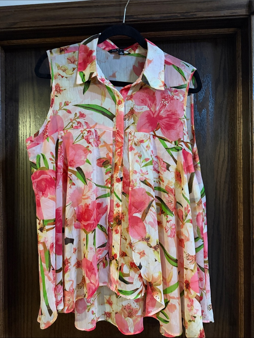 Zac & Rachel Pink Floral Sleeveless Button-Up Blouse